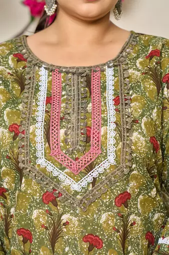 green cotton lace work on yoke straight plus size kurta dupatta pant set