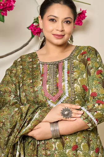 green cotton lace work on yoke straight plus size kurta dupatta pant set