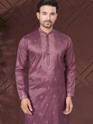 Purple pure silk with embroidery work kurta pyjama for mens wear 2