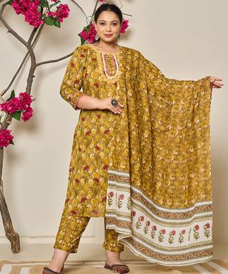 mustard pure cotton lace work on yoke straight plus size kurta dupatta pant set 1