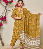 mustard pure cotton lace work on yoke straight plus size kurta dupatta pant set