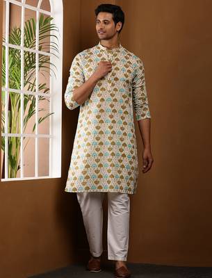 Men's cream printed festive kurta with white churidar 1