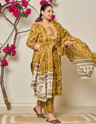 mustard pure cotton lace work on yoke straight plus size kurta dupatta pant set 2