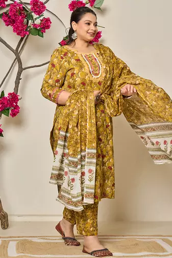 mustard pure cotton lace work on yoke straight plus size kurta dupatta pant set