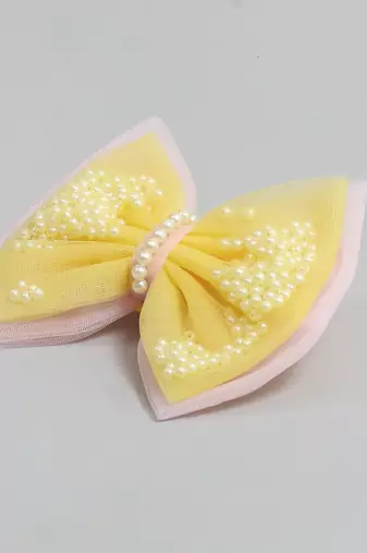 Yellow net pearl hair bow