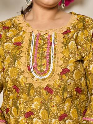 mustard pure cotton lace work on yoke straight plus size kurta dupatta pant set 3