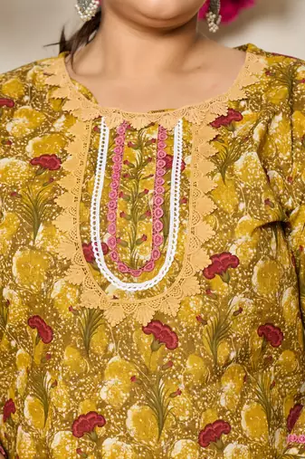 mustard pure cotton lace work on yoke straight plus size kurta dupatta pant set