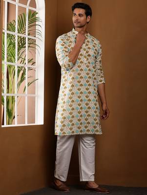 Men's cream printed festive kurta with white churidar 2