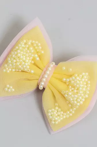 Yellow net pearl hair bow