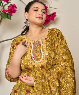 mustard pure cotton lace work on yoke straight plus size kurta dupatta pant set 4