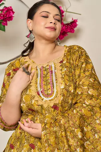 mustard pure cotton lace work on yoke straight plus size kurta dupatta pant set