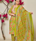 green floral print straight plus size kurta trouser dupatta set