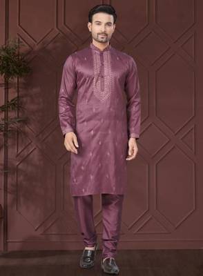 Purple pure silk with embroidery work kurta pyjama for mens wear 3