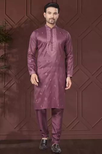 Purple pure silk with embroidery work kurta pyjama for mens wear