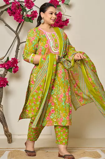 green floral print straight plus size kurta trouser dupatta set