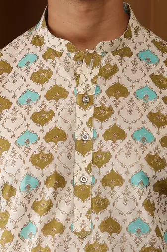 Men's cream printed festive kurta with white churidar