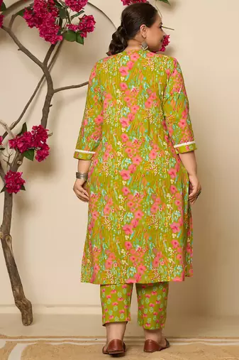 green floral print straight plus size kurta trouser dupatta set