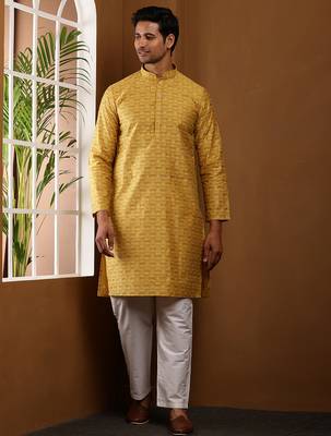Men's mustard yellow printed kurta with white churidar 1