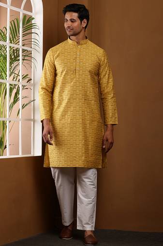 Men's mustard yellow printed kurta with white churidar