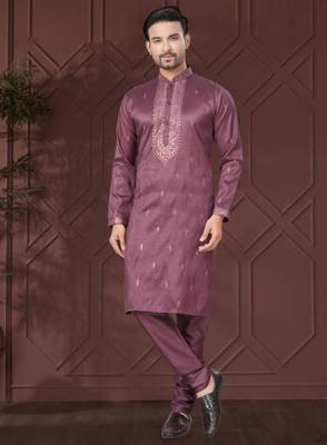 Purple pure silk with embroidery work kurta pyjama for mens wear 1