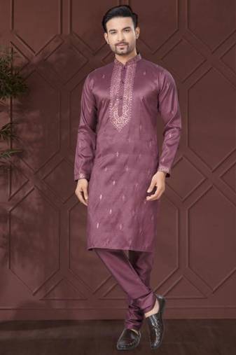 Purple pure silk with embroidery work kurta pyjama for mens wear