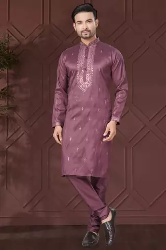 Purple pure silk with embroidery work kurta pyjama for mens wear