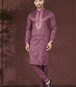 Purple pure silk with embroidery work kurta pyjama for mens wear