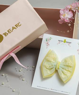 Yellow net pearl hair bow 1