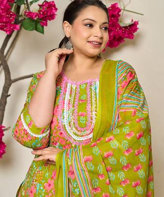 green floral print straight plus size kurta trouser dupatta set 5