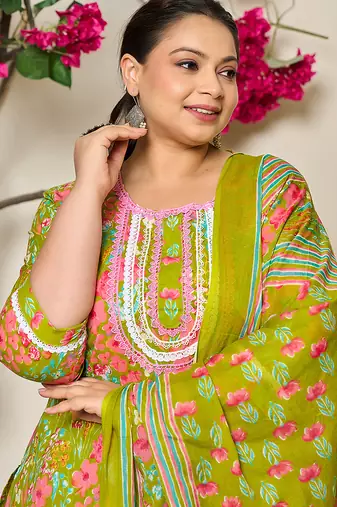 green floral print straight plus size kurta trouser dupatta set
