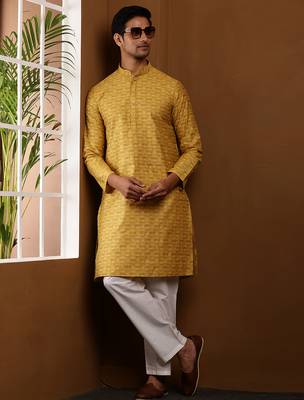 Men's mustard yellow printed kurta with white churidar 2