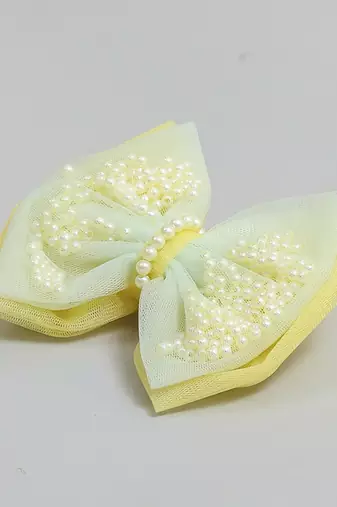Yellow net pearl hair bow