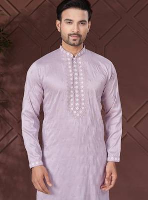 Lavender pure silk with embroidery work kurta pyjama for mens wear 2