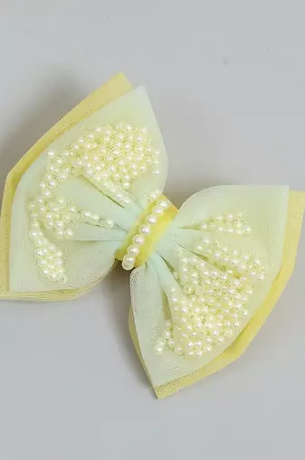 Yellow net pearl hair bow