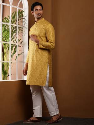 Men's mustard yellow printed kurta with white churidar 3