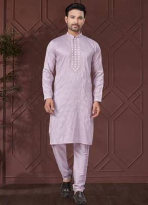 Lavender pure silk with embroidery work kurta pyjama for mens wear 3