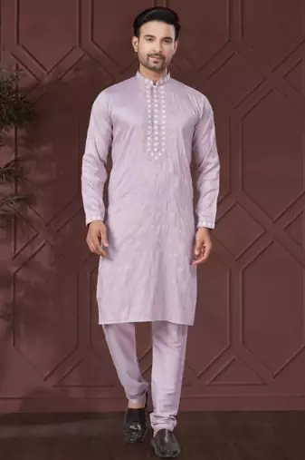 Lavender pure silk with embroidery work kurta pyjama for mens wear