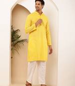 Men   s yellow ikat printed cotton kurta with white pajama set