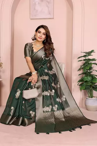 Dark Green Color Party Wear Organza Silk Saree