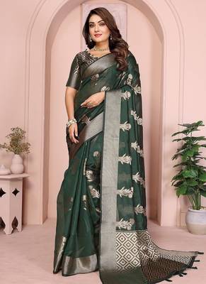 Dark Green Color Party Wear Organza Silk Saree 3