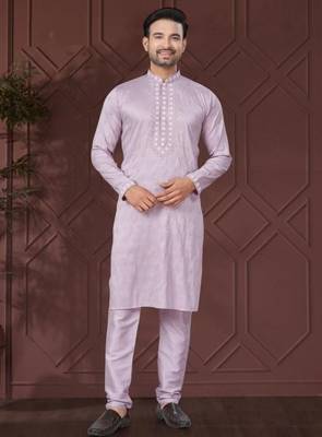 Lavender pure silk with embroidery work kurta pyjama for mens wear 1