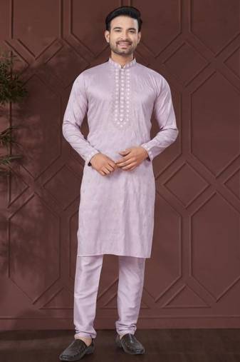 Lavender pure silk with embroidery work kurta pyjama for mens wear