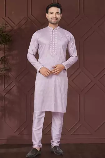 Lavender pure silk with embroidery work kurta pyjama for mens wear