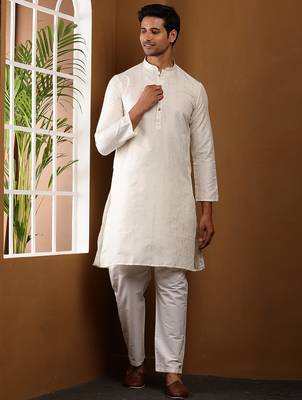 Men   s off-white self-textured viscose blend kurta with white pajama set 1