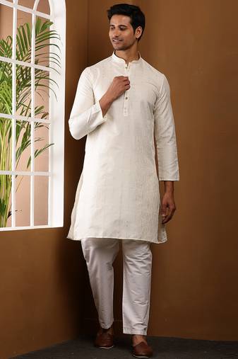 Men’s off-white self-textured viscose blend kurta with white pajama set