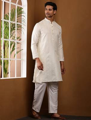 Men   s off-white self-textured viscose blend kurta with white pajama set 2