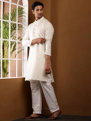 Men   s off-white self-textured viscose blend kurta with white pajama set 4