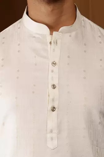 Men   s off-white self-textured viscose blend kurta with white pajama set