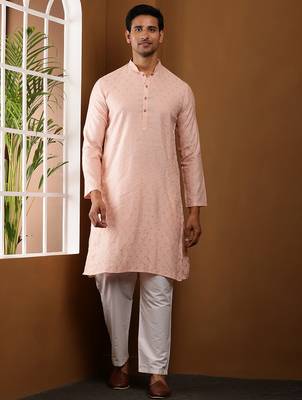 Men   s peach self-textured viscose blend kurta with white pajama set 1
