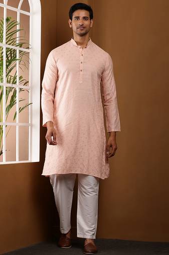Men’s peach self-textured viscose blend kurta with white pajama set